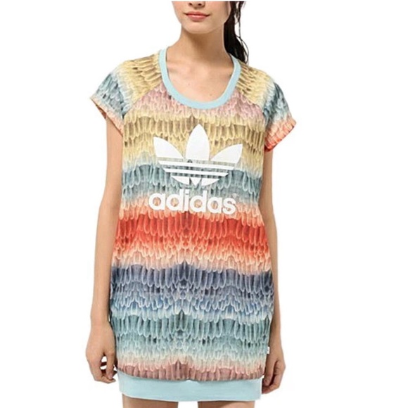 Women’s Adidas Trefoil T-Shirt Menire Dress Tunic Colorful Print - Picture 1 of 9